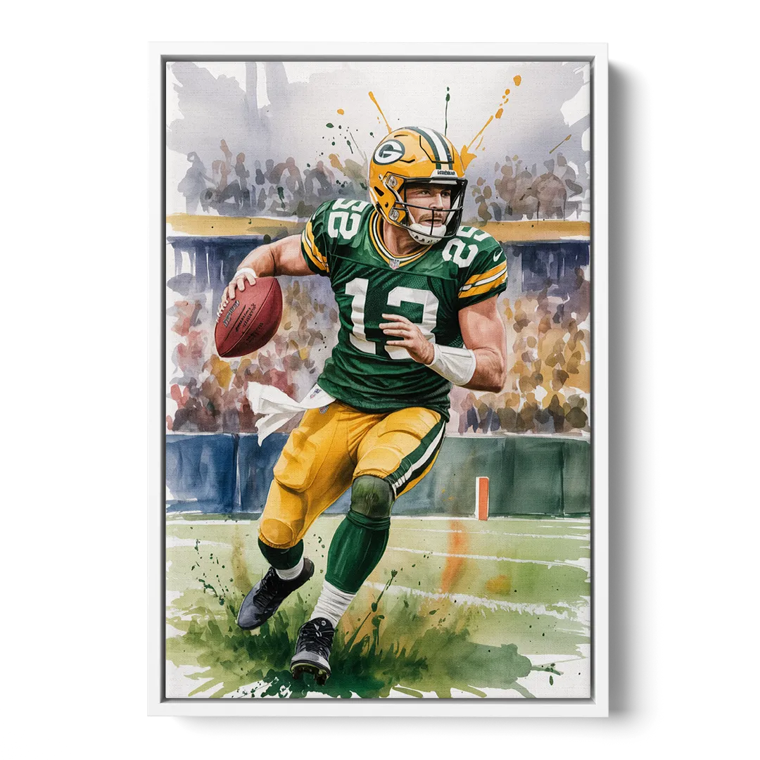 Green Bay Packers Expressive Watercolor Football Art - White Frame Canvas
