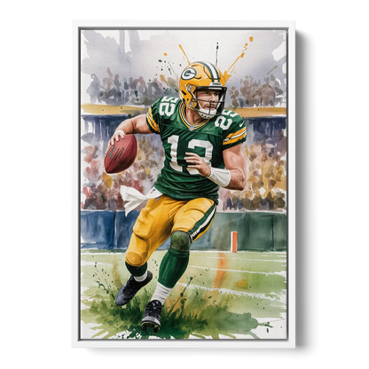 Green Bay Packers Expressive Watercolor Football Art - White Frame Canvas