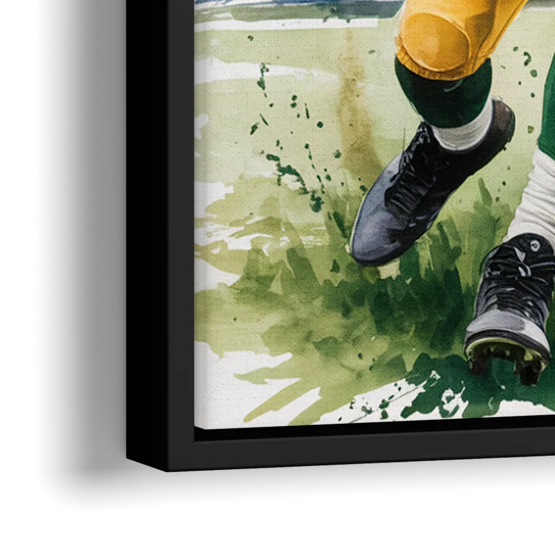 Green Bay Packers Expressive Watercolor Football Art - Close-Up Black Frame Canvas