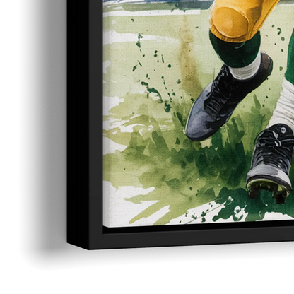 Green Bay Packers Expressive Watercolor Football Art - Close-Up Black Frame Canvas