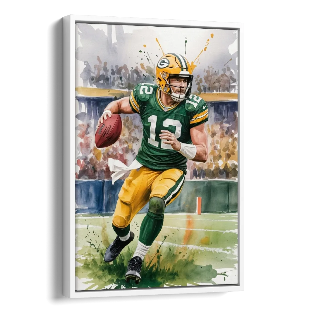 Green Bay Packers Expressive Watercolor Football Art Side - White Canvas Wall Art