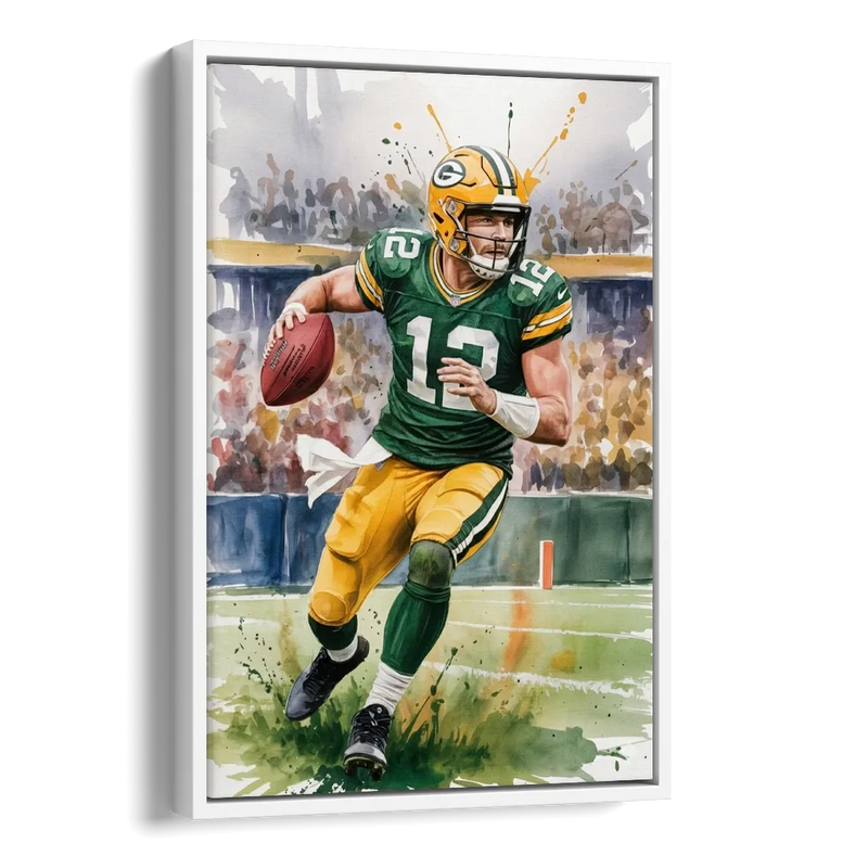 Green Bay Packers Expressive Watercolor Football Art Side - White Canvas Wall Art