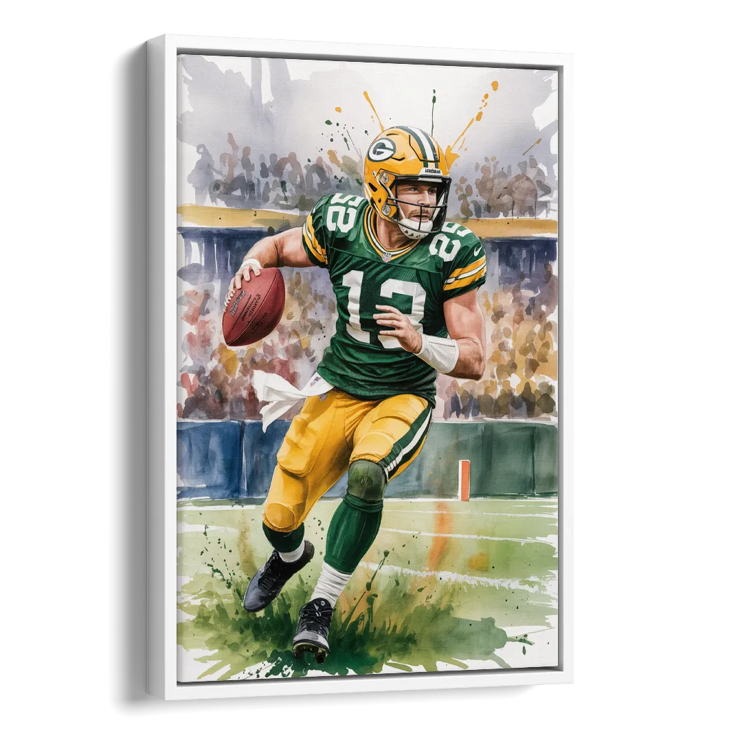 Green Bay Packers Expressive Watercolor Football Art Side - White Canvas Wall Art