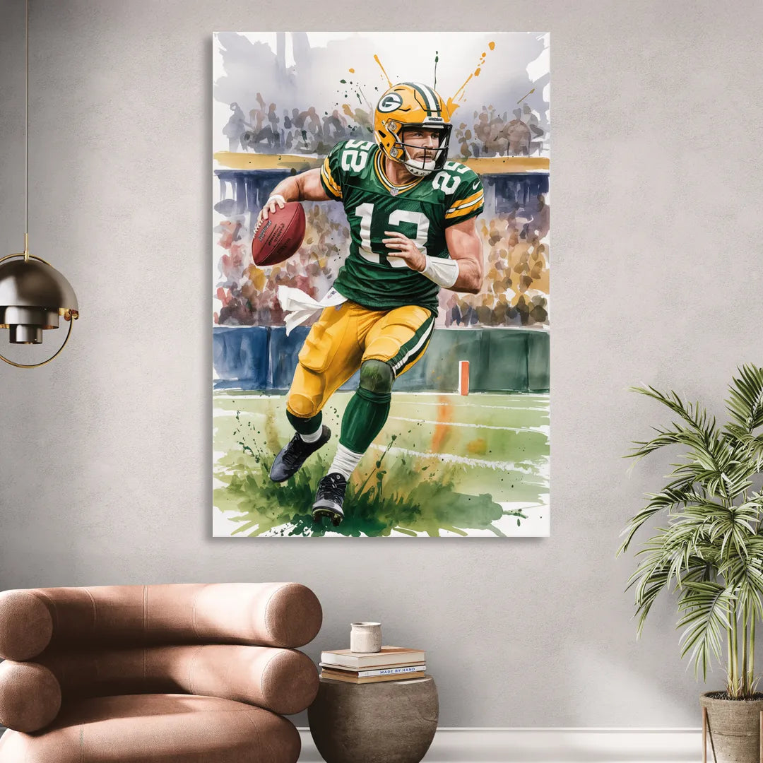 Green Bay Packers Expressive Watercolor Football Art Sitting Room - Canvas Wall Art
