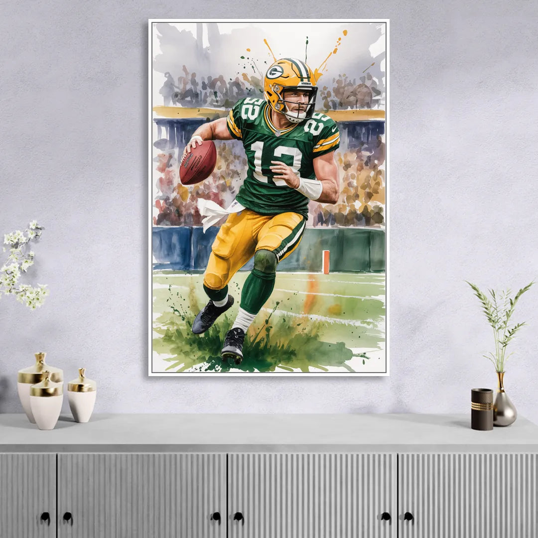 Green Bay Packers Expressive Watercolor Football Art Living Room - White Canvas Wall Art