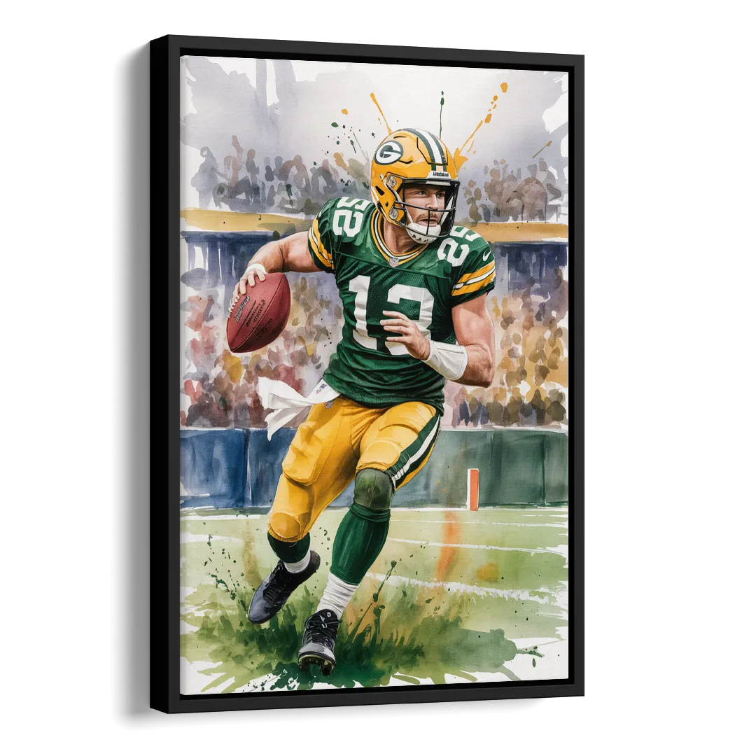 Green Bay Packers Expressive Watercolor Football Art Side - Black Canvas Wall Art
