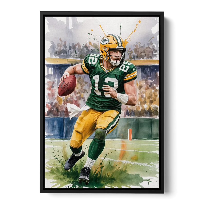 Green Bay Packers Expressive Watercolor Football Art Front - Black Canvas Wall Art