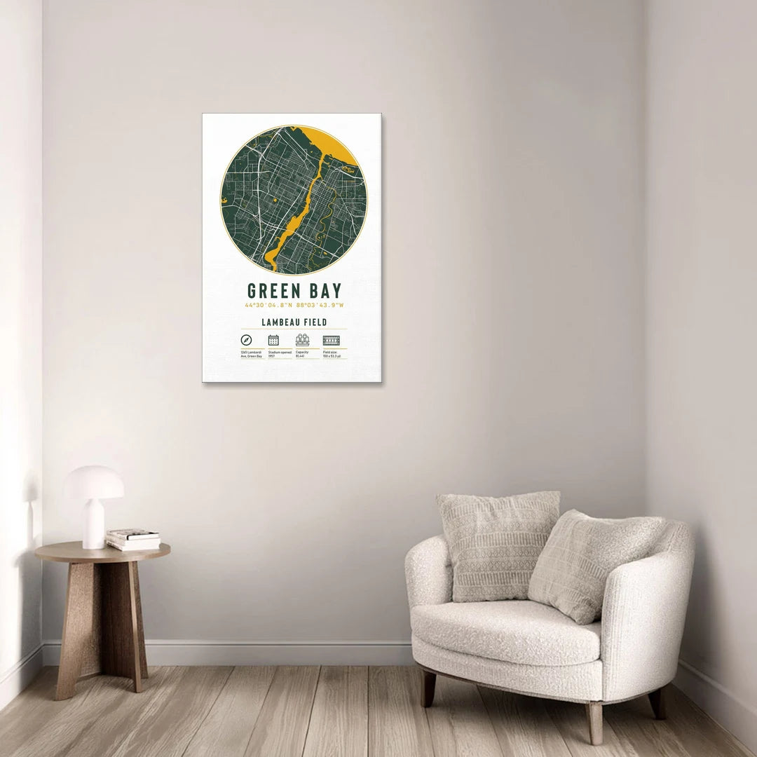 Green Bay Packers Lambeau Field Stadium Map - Canvas Wall Art - Sofa - 24x36