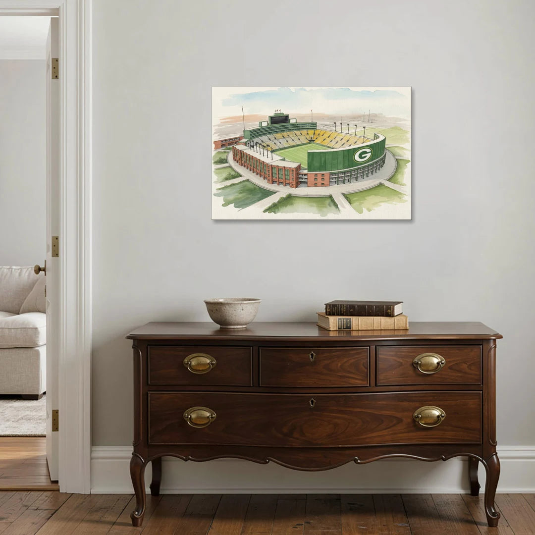 Green Bay Packers Lambeau Field Watercolor Illustration - Canvas Wall Art - Coffee Table - 36x24