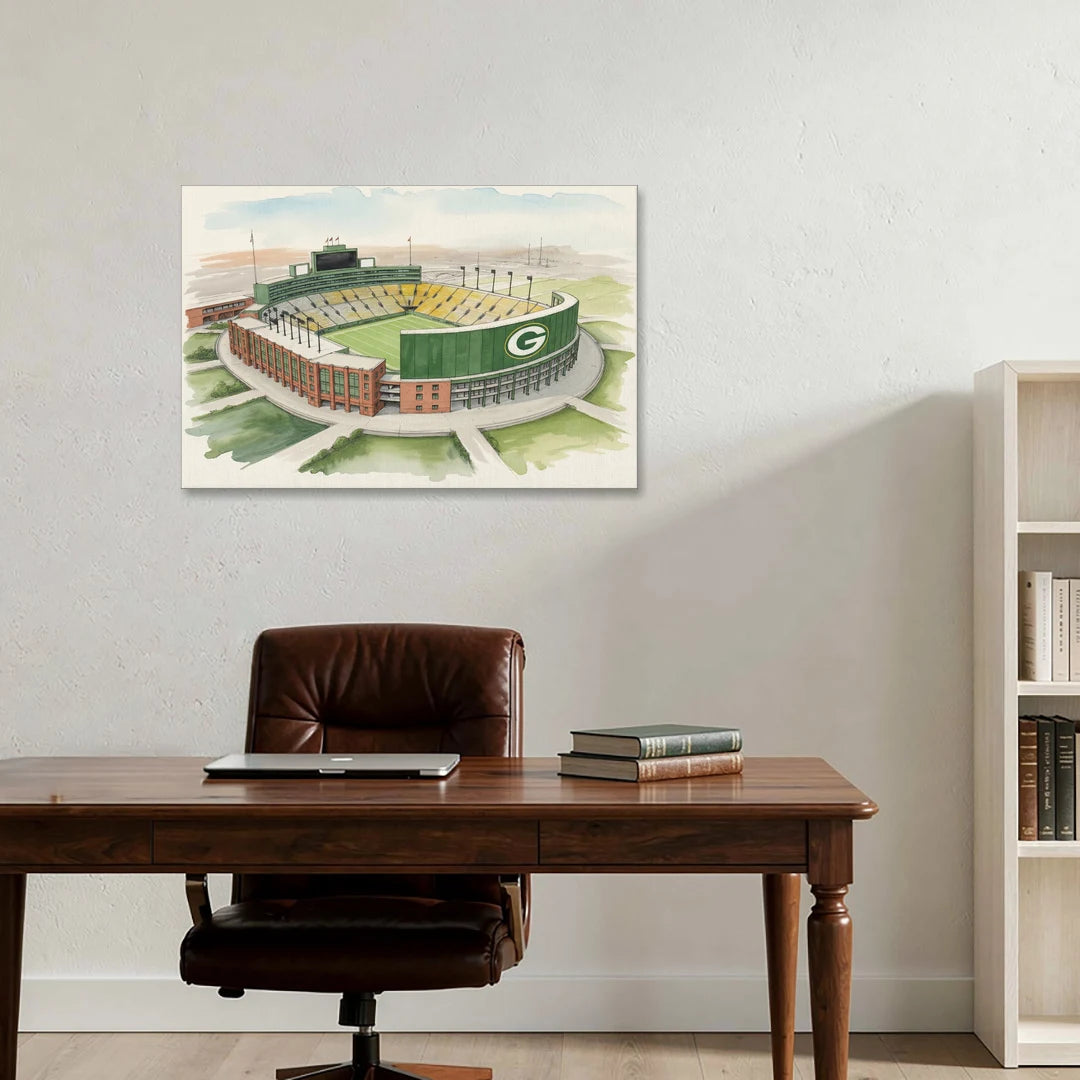 Green Bay Packers Lambeau Field Watercolor Illustration - Canvas Wall Art - Office - 36x24