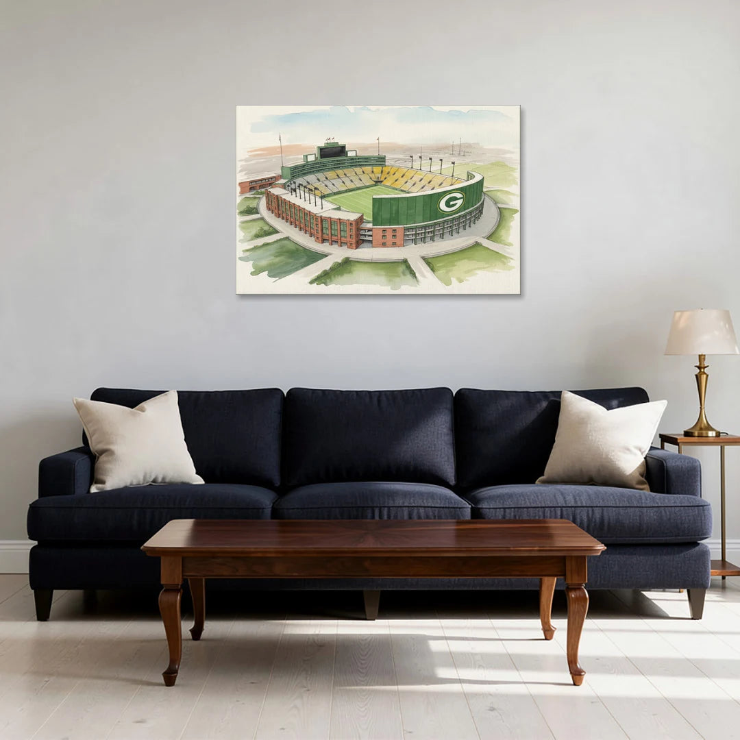 Green Bay Packers Lambeau Field Watercolor Illustration - Canvas Wall Art - Sofa - 36x24