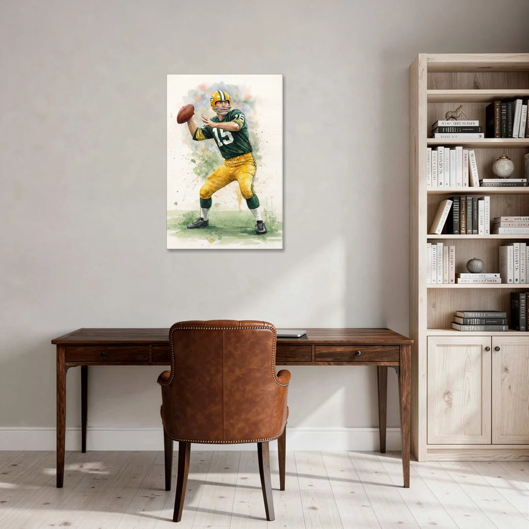 Green Bay Packers Watercolor - Bart Starr - Canvas Wall Art - Office - 24x36