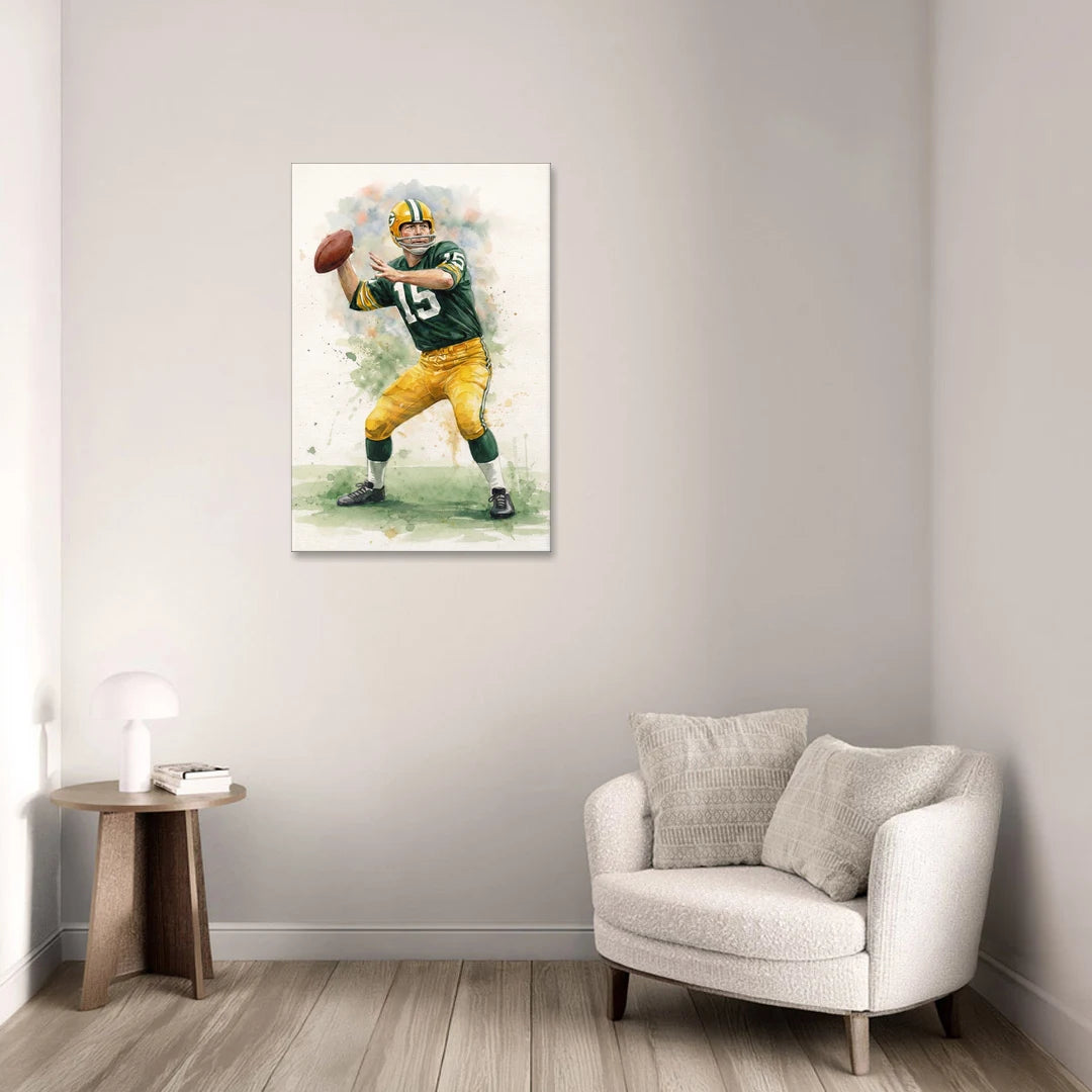 Green Bay Packers Watercolor - Bart Starr - Canvas Wall Art - Sofa - 24x36