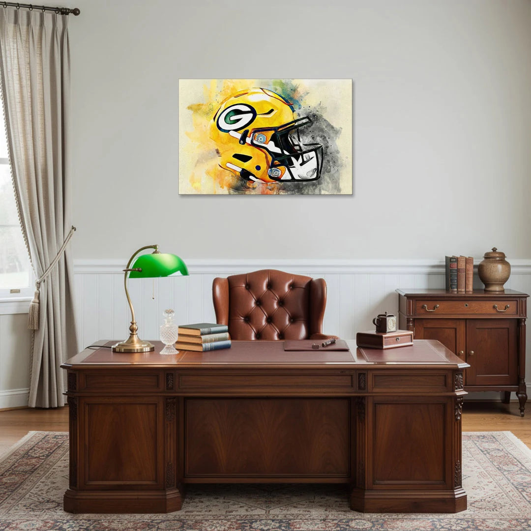 Green Bay Packers Yellow Helmet Expressive Watercolor - Canvas Wall Art - Office - 36x24