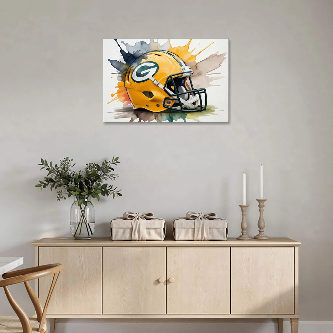 Green Bay Packers Yellow Helmet Watercolor - Canvas Wall Art - Coffee Table - 36x24