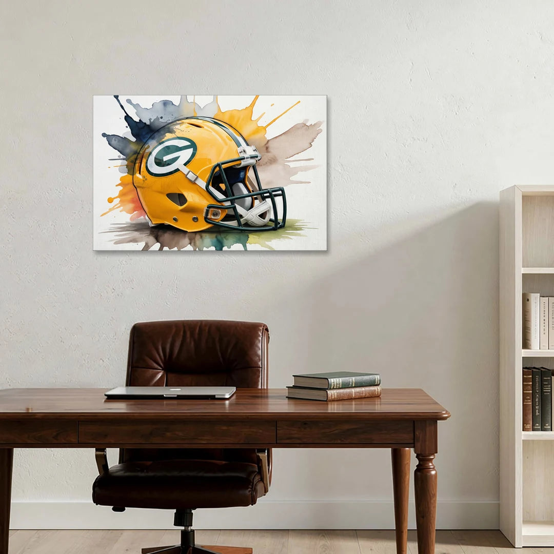 Green Bay Packers Yellow Helmet Watercolor - Canvas Wall Art - Office - 36x24