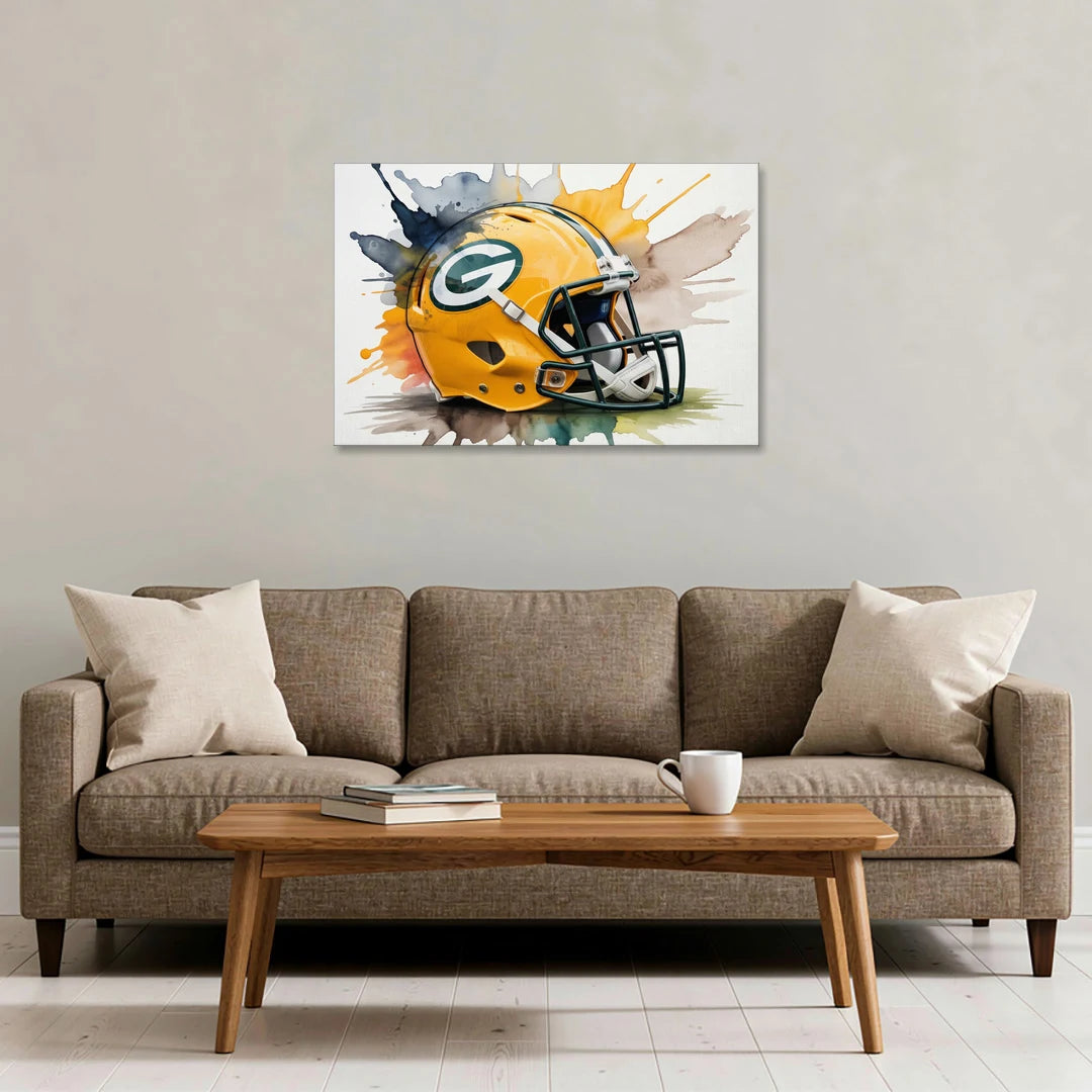 Green Bay Packers Yellow Helmet Watercolor - Canvas Wall Art - Sofa - 36x24