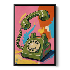 Green Rotary Phone With the Handset Lifted - Black Framed Canvas Wall Art - Front