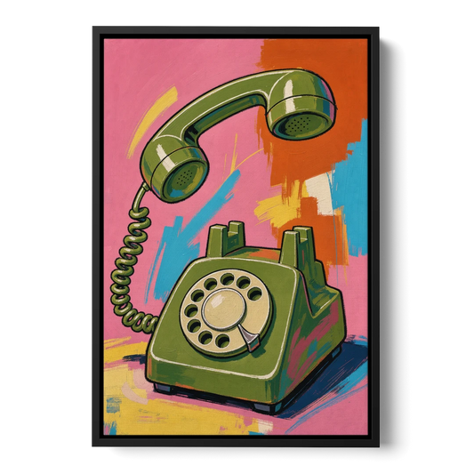 Green Rotary Phone With the Handset Lifted - Black Framed Canvas Wall Art - Front