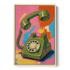 Green Rotary Phone With the Handset Lifted - Oak Framed Canvas Wall Art - Front