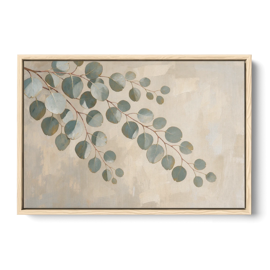 Greenery Wall Art of Trailing Silver Dollar Eucalyptus - Oak Framed Canvas Wall Art - Front