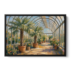 Greenhouse Painting of Palms at Midday - Black Framed Canvas Wall Art - Front