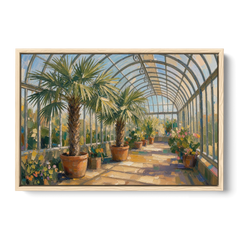 Greenhouse Painting of Palms at Midday - Oak Framed Canvas Wall Art - Front