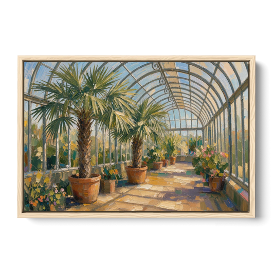 Greenhouse Painting of Palms at Midday - Oak Framed Canvas Wall Art - Front
