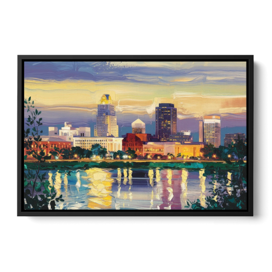 Greensboro Cityscape Panorama - Black Framed Canvas Wall Art - Front