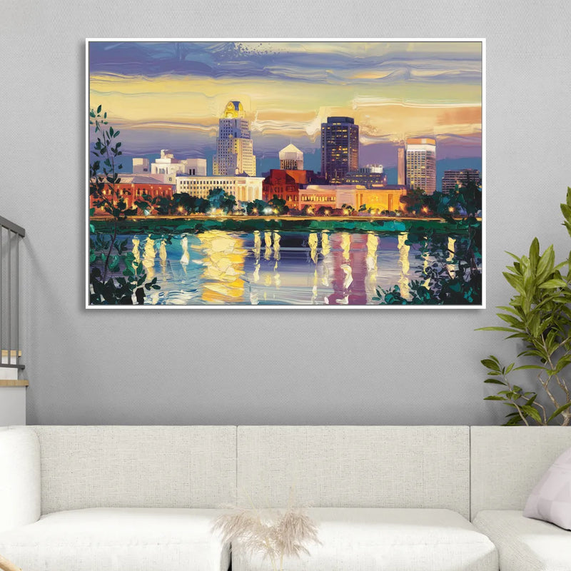 Greensboro Cityscape Panorama Living Room - White Canvas Wall Art