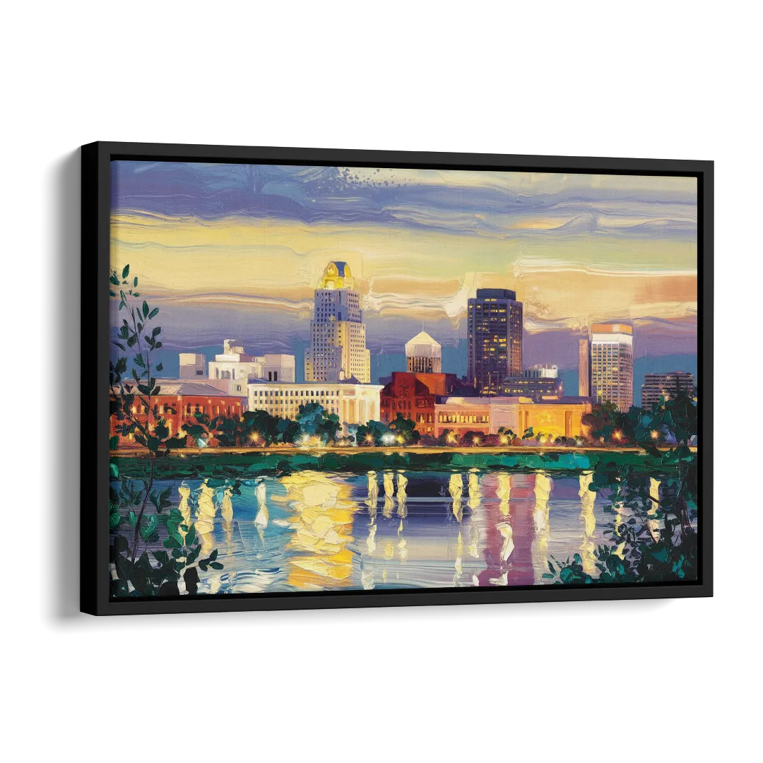 Greensboro Cityscape Panorama Side - Black Canvas Wall Art