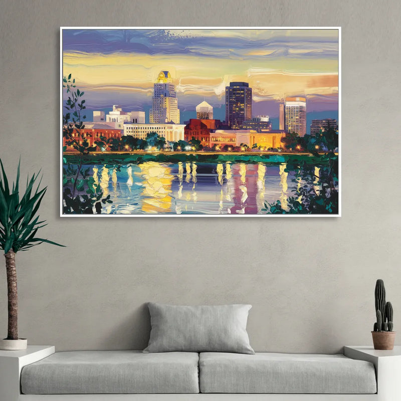 Greensboro Cityscape Panorama Sitting Room - White Canvas Wall Art