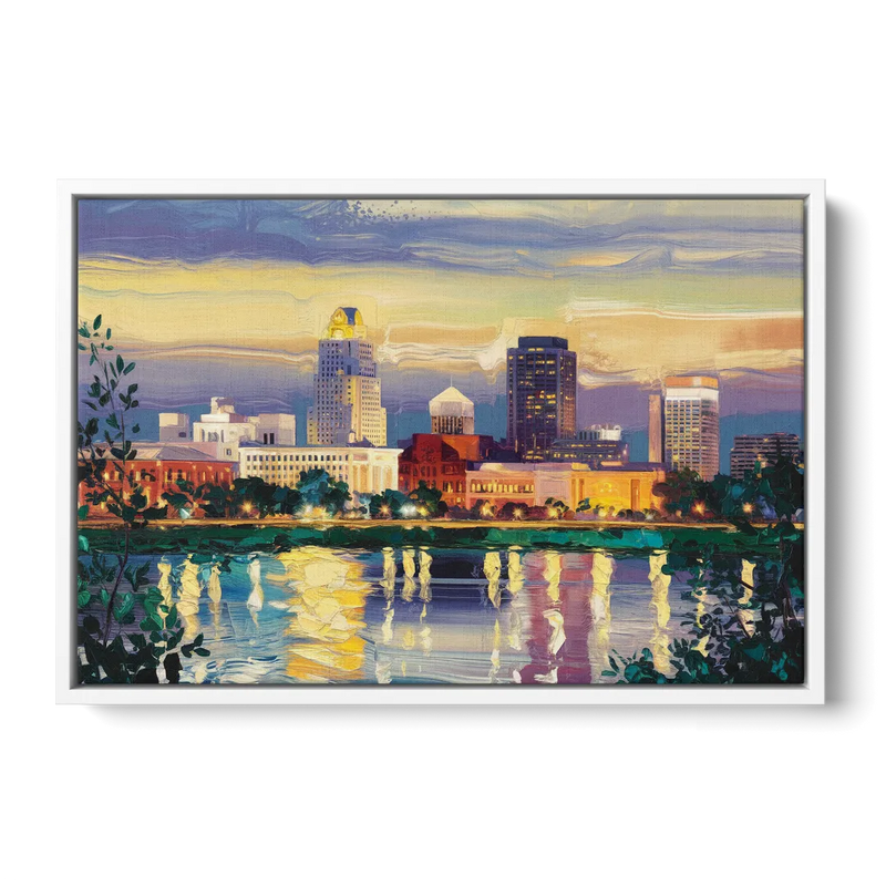 Greensboro Cityscape Panorama Front - White Canvas Wall Art
