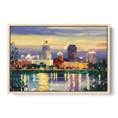 Greensboro Cityscape Panorama - Oak Framed Canvas Wall Art - Front