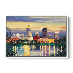 Greensboro Cityscape Panorama - White Framed Canvas Wall Art - Front