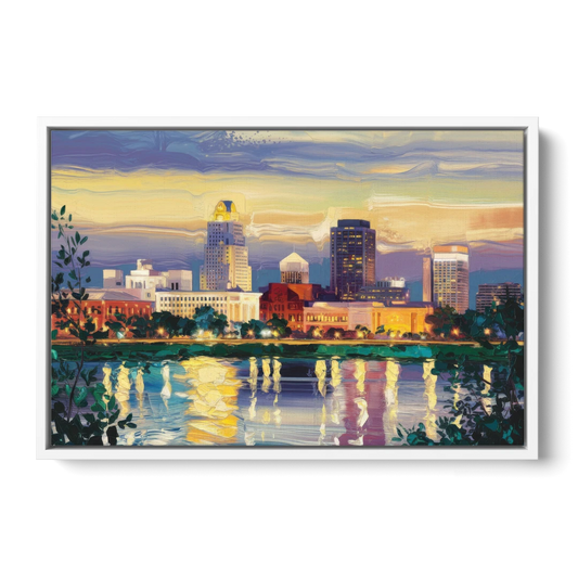 Greensboro Cityscape Panorama - White Framed Canvas Wall Art - Front