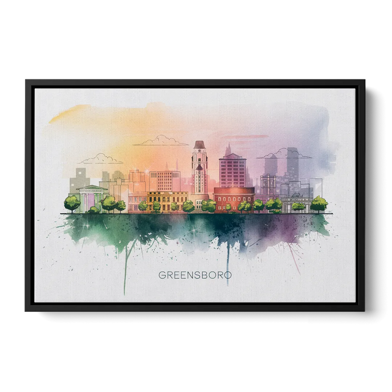 Greensboro Skyline Sunset Front - Black Canvas Wall Art
