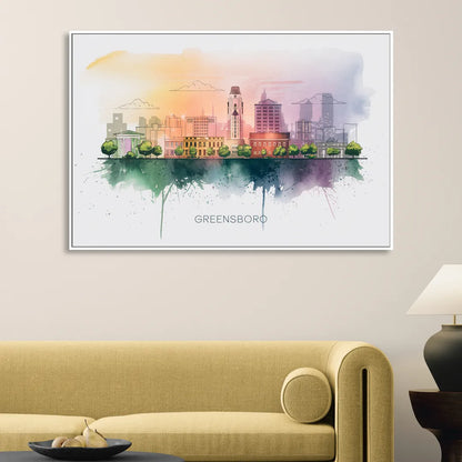 Greensboro Skyline Sunset Living Room - White Canvas Wall Art