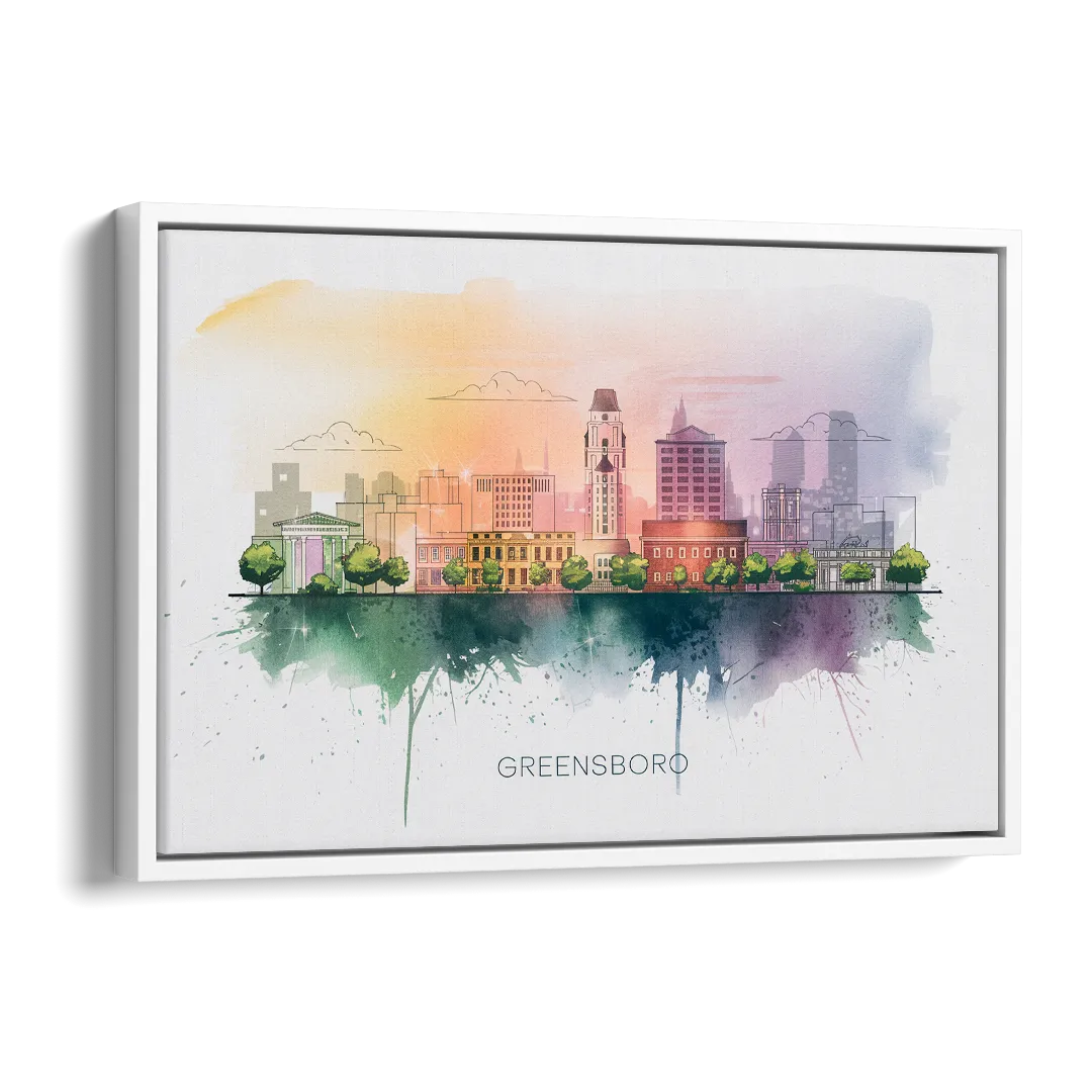 Greensboro Skyline Sunset Side - White Canvas Wall Art