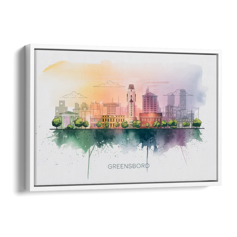 Greensboro Skyline Sunset Side - White Canvas Wall Art