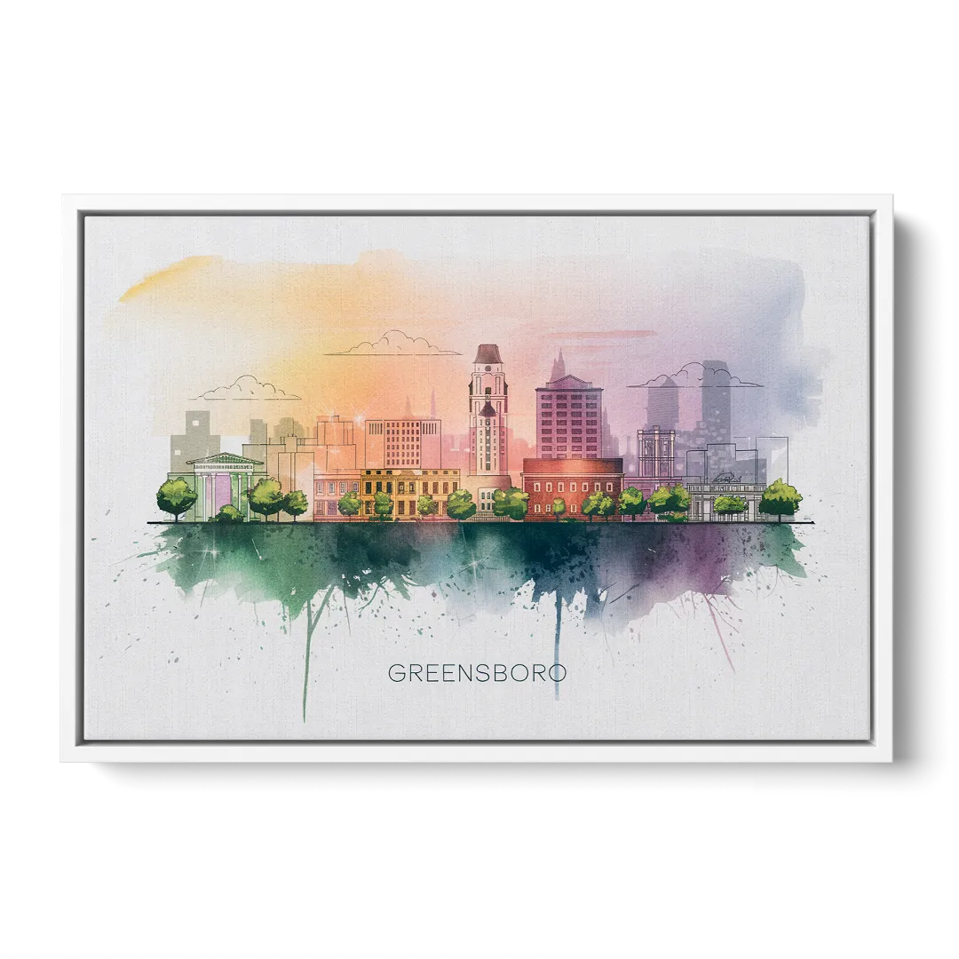 Greensboro Skyline Sunset Front - White Canvas Wall Art