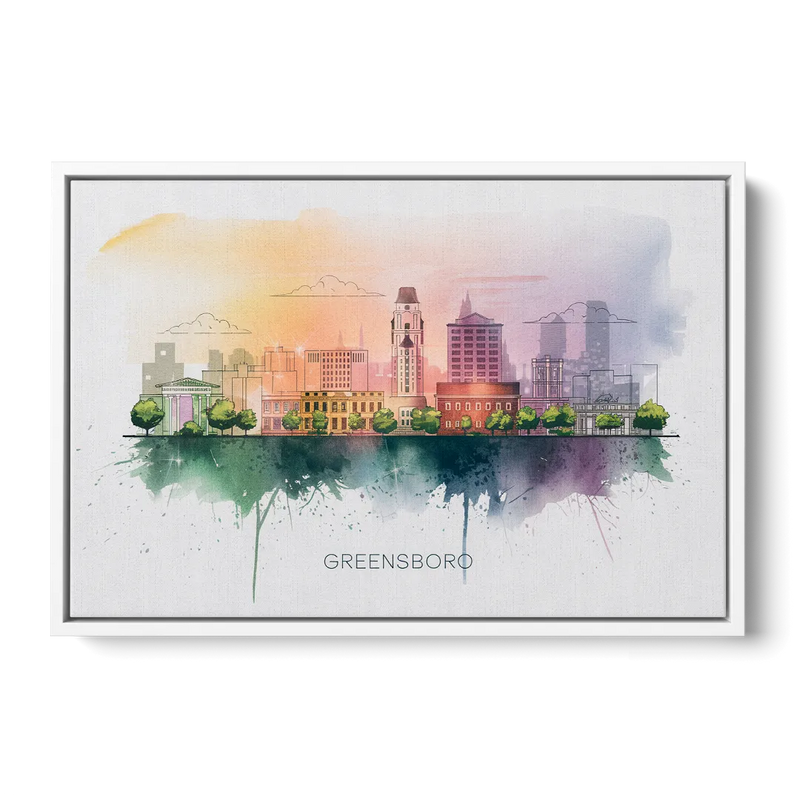 Greensboro Skyline Sunset Front - White Canvas Wall Art