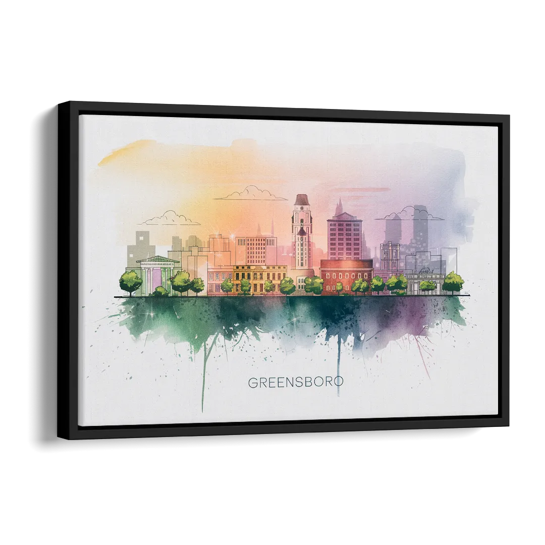 Greensboro Skyline Sunset Side - Black Canvas Wall Art