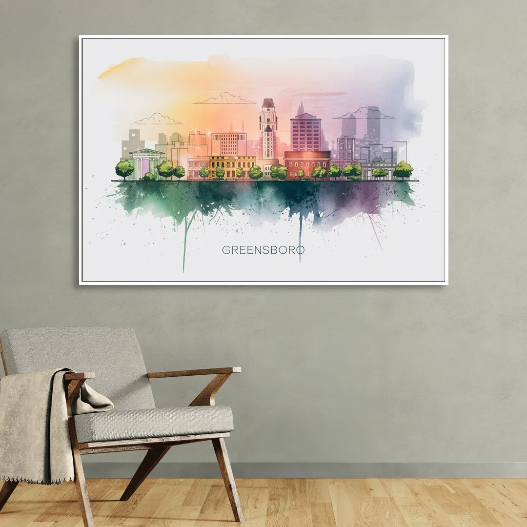 Greensboro Skyline Sunset Sitting Room - White Canvas Wall Art