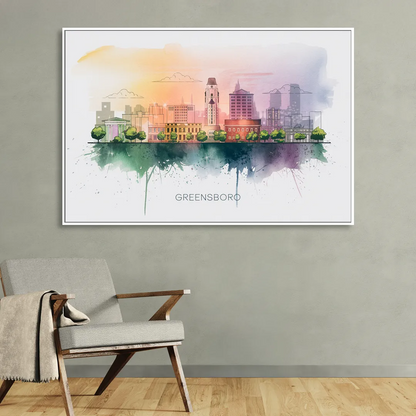 Greensboro Skyline Sunset Sitting Room - White Canvas Wall Art