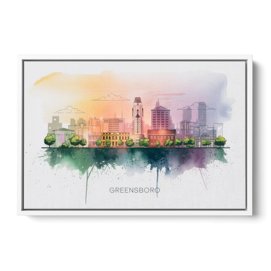 Greensboro Skyline Sunset - White Framed Canvas Wall Art - Front