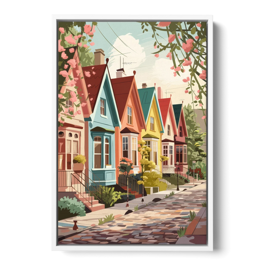 Greensboro Vibrant Neighborhoods - White Framed Canvas Wall Art - Front