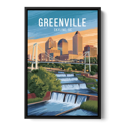 Greenville Skyline at Sunset - Black Framed Canvas Wall Art - Front