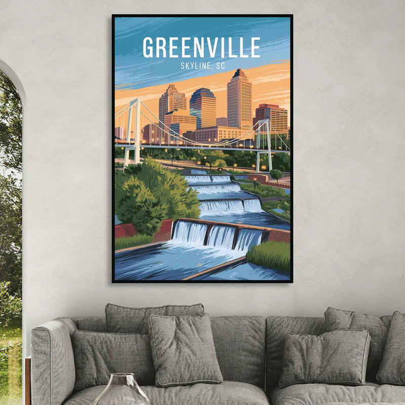 Greenville Skyline at Sunset Living Room - Black Canvas Wall Art