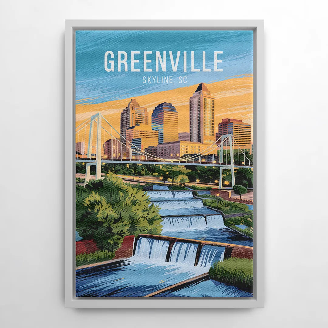 Greenville Skyline at Sunset - White Frame Canvas